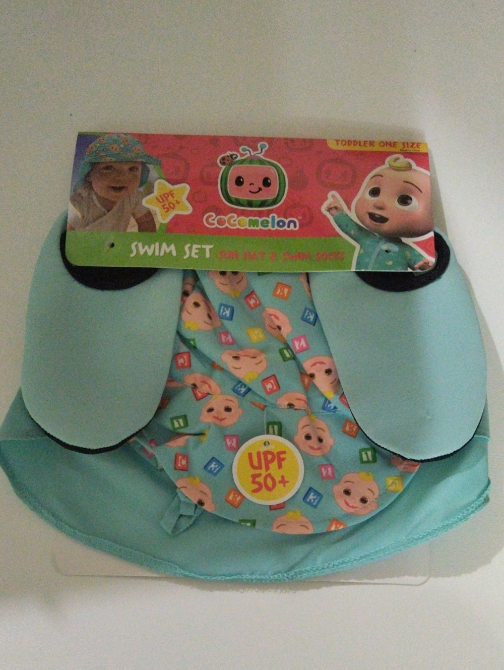 Cocomelon Toddler Swim Set  Light Blue  Sun Hat & Swim Socks  New